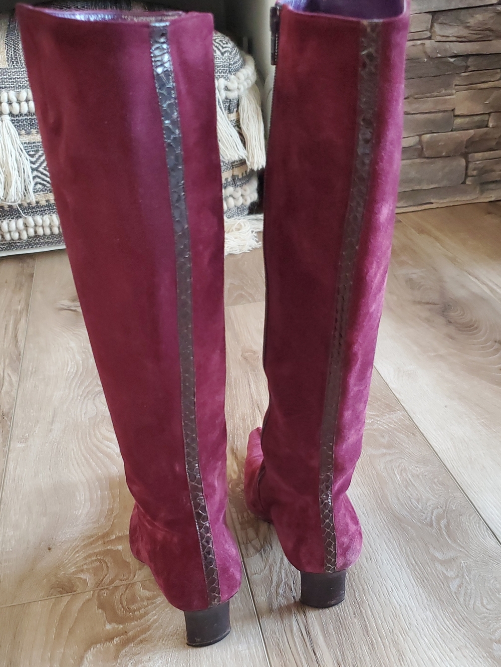 Barbara Bui Burgundy Suede Over-the-Knee Pointed Boots Snakeskin Trim